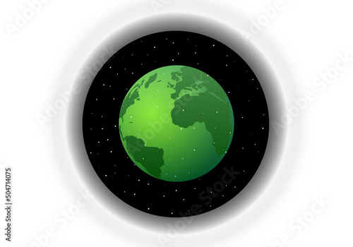 Planeta Tierra en tonos verdes visto en el espacio desde una ventanilla circular blanca. Sostenibilidad photo