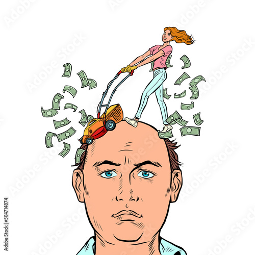 Husband and wife, problems because of money. Expensive divorce, financial litigation concept. Haircut dollars