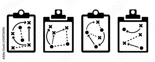 Strategy or tactics on game. Clipboard with drawing plan of game. Tactic from coach. Vector icons set.