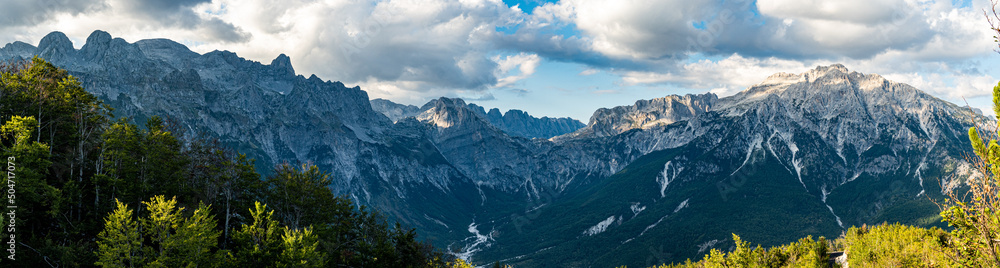 Panoramic view of mountains in Theth valley in Albania Panoramic view of mountains in Theth valley in Albania