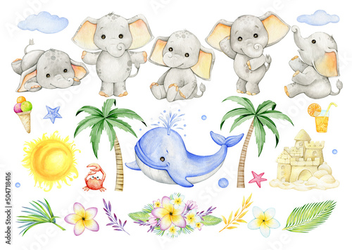 elephants, whale, crab, sun, sand castle, palm trees, tropical flowers and leaves. Watercolor set, elements, on the theme of the beach, in cartoon style. photo