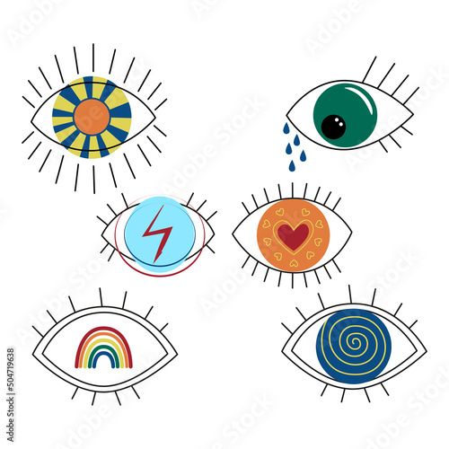Set of minimalist esoteric eyes Mystic symbol in the eye with sun tears flash heart, rainbow spiral Eyeball vector illustration isolated on white