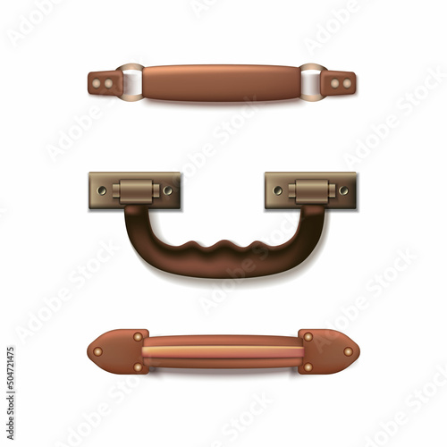 3d realistic vector icon set. Leather luggage handles set.