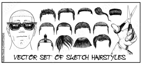 Set of hairstyles in sketch style on a white background. Stock vector illustration with hair on the head of men. Graphics for barbershop, barbershop, shampoo advertising.