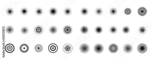 Set of halftone circles. Halftone dots circle gradient. Pop art style. Collection of elements for design. Vector illustration.