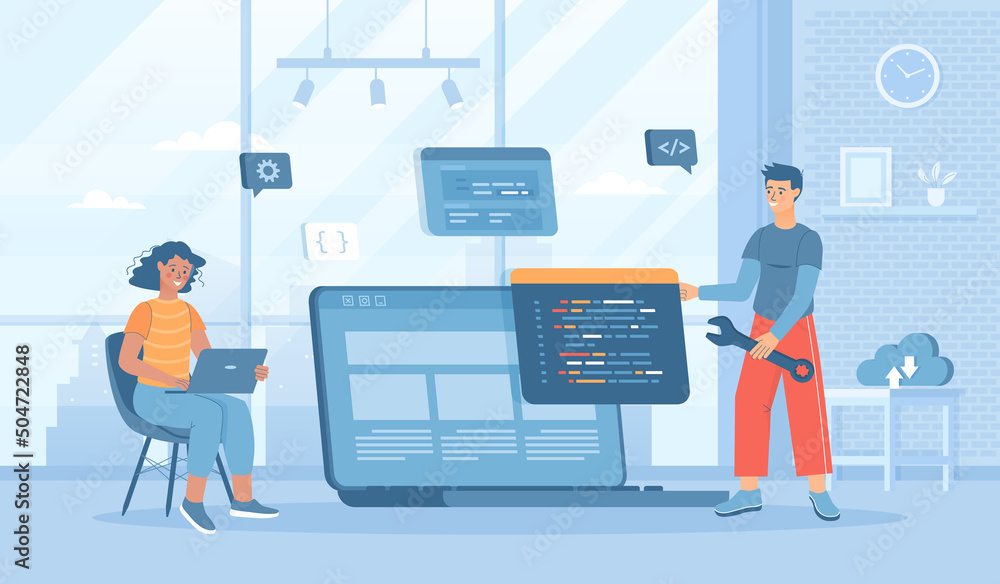 Software development, programming, coding. People write code, settings and testing, developing programs and applications, working at IT industry. Flat cartoon vector illustration with people character Software development, programming, coding. People write code, settings and testing, developing programs and applications, working at IT industry. Flat cartoon vector illustration with people character