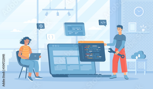 Software development, programming, coding. People write code, settings and testing, developing programs and applications, working at IT industry. Flat cartoon vector illustration with people character