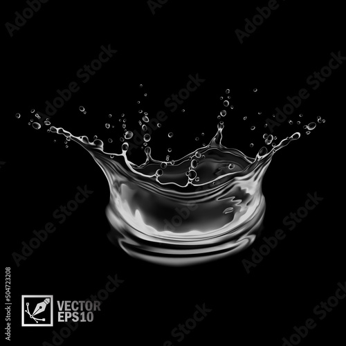 3D realistic transparent isolated vector splash of water with drops in the form of a crown on black background
