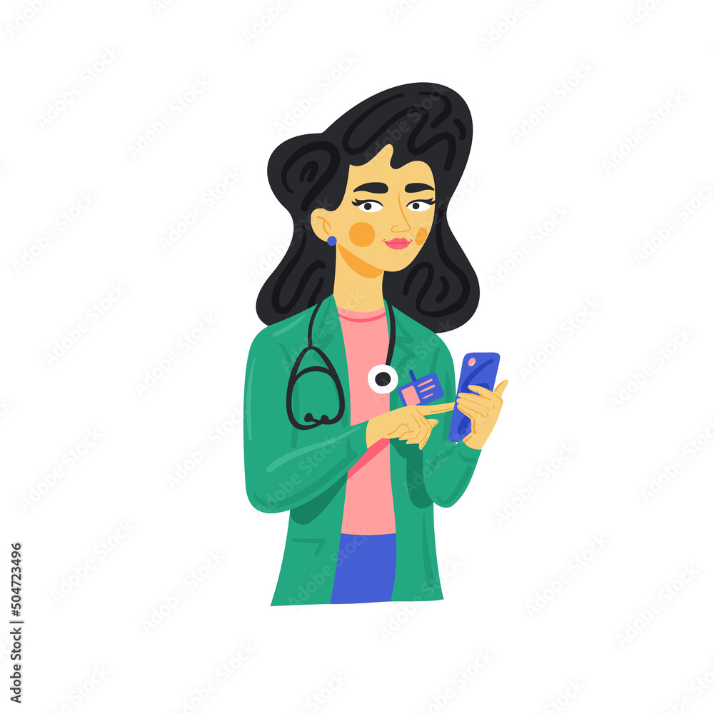 Female doctor on her phone. Vector doctor illustration. Woman physician.