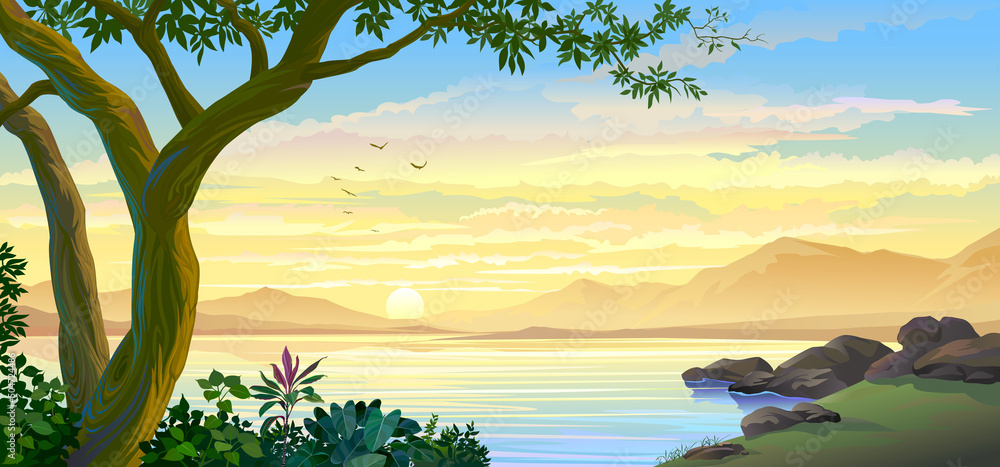 A sunset view with mountains, sky, vegetation, and a big lake. - obrazy, fototapety, plakaty 