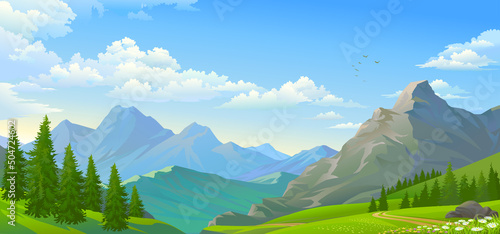 Billede på lærred A landscape consisting of a range of large mountains overlooking the vast meadows