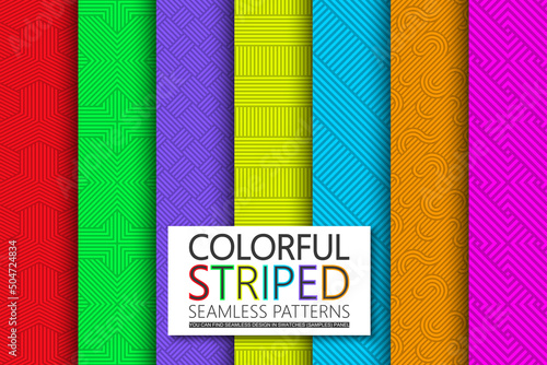 Collection of seamless colorful striped patterns. Bright geometric repeatable backgrounds. Vector vibrant textile prints. You can find endless design in swatches panel