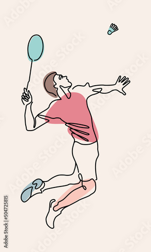 One line drawing of badminton player jump and smash the shuttlecock.
