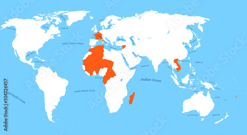 Map of The French Empire 1919 to 1939 the most largest borders with all world and all sea, ocean names