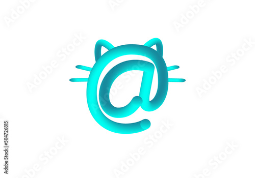 Símbolo de gato compuesto con la letra arroba en tonos azul neón brillante sobre fondo blanco. Logo de gatos. Web de gatos