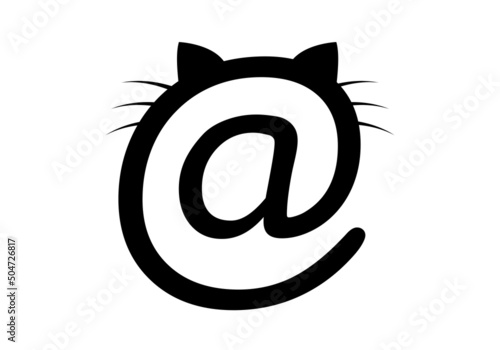 Símbolo de gato compuesto con la letra arroba en trazo negro sobre fondo blanco. Web de gatos. Logo de gatos