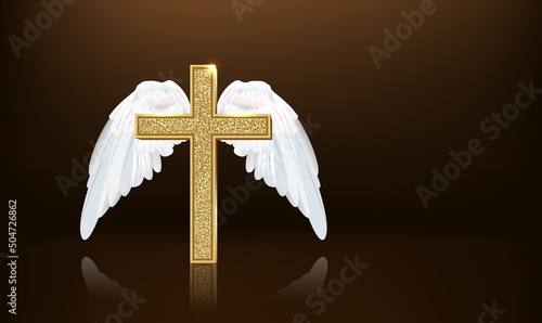 3d classic shape simple golden shiny metal cross with white wings