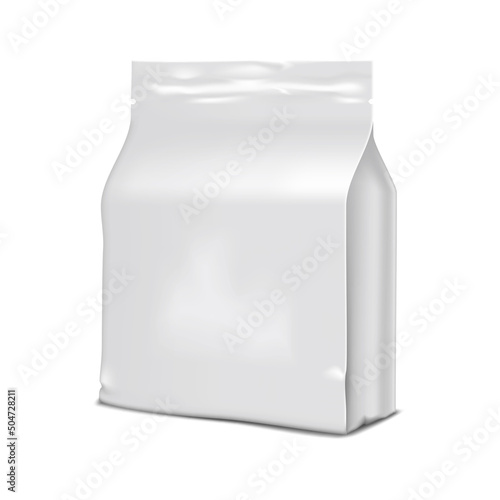 Plastic bag vector mock-up. Stand-up pouch with tear notches. White blank product packaging mockup. Template for design