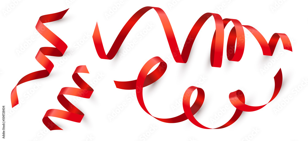 Vector set of holiday illustration of romantic curled red ribbon with ...