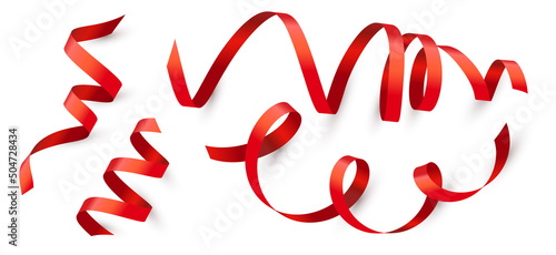 Vector set of holiday illustration of romantic curled red ribbon with shadow on white color background. Creative realistic style design of curled red ribbon