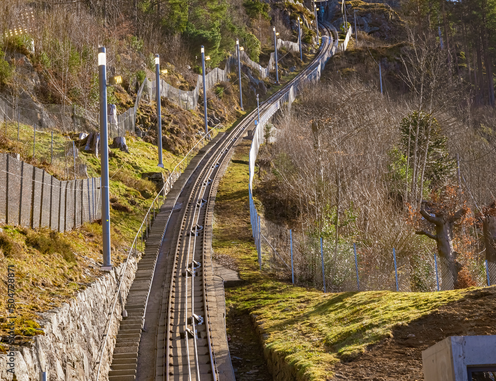 The famous Fløibanen funicular from the city center of bergen to the top of the Fløyen mountain, Bergen, Vestland, Norway The famous Fløibanen funicular from the city center of bergen to the top of the Fløyen mountain, Bergen, Vestland, Norway