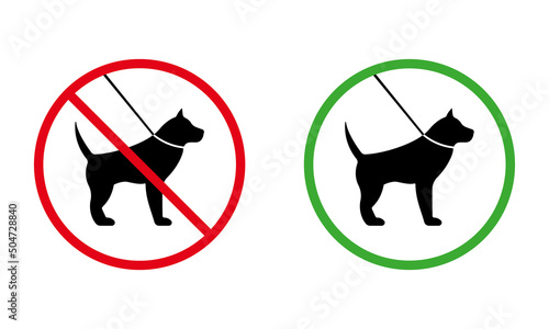 Pet on Leash Walk Zone Forbidden Pictogram. Ban Walking Dog Black Silhouette Icon. Allow Walk Animal Red Symbol. Permission to Stroll Pet Walking Area Green Circle Sign. Isolated Vector Illustration
