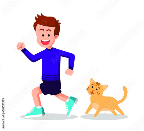 happy boy running around with his pet cat