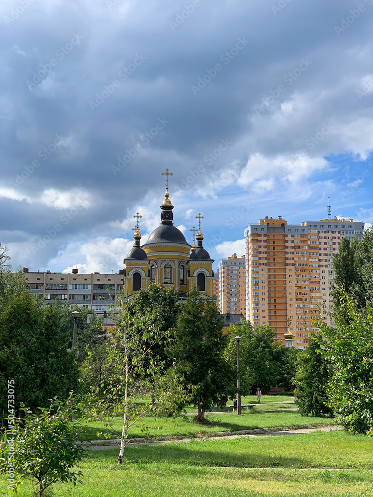 Church of Saints Cosmas and Damian, the Orthodox church in the Obolonsky district of Kyiv (Kiev). Religious traditions of Ukraine 
