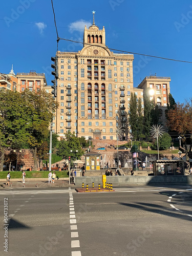 General view of Khreshchatyk, main street of Kyiv, capital of Ukraine. Famous examples of Soviet Stalinist architecture.