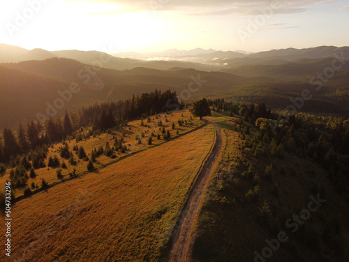 Aerial view of beautiful mountain Carpathians, Ukraine in sunlight. Drone filmed an landscape with coniferous and beech forests, around a winding serpentine road, copter aerial photo