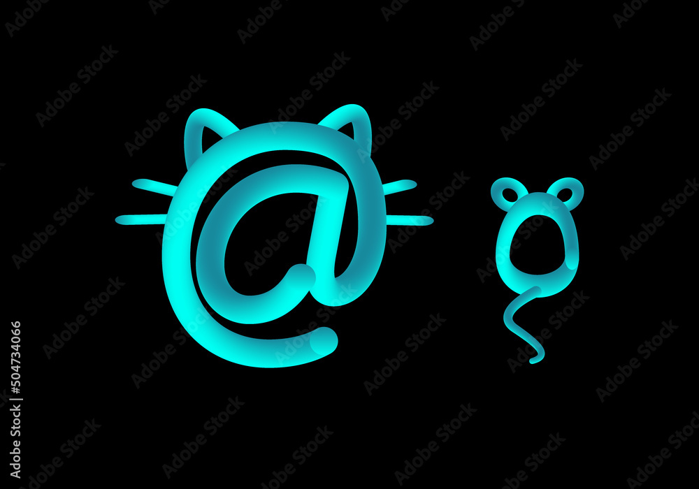 Gato, arroba y ratón en 3d en azul neón brillante sobre fondo negro. Tecnología y animales Gato, arroba y ratón en 3d en azul neón brillante sobre fondo negro. Tecnología y animales