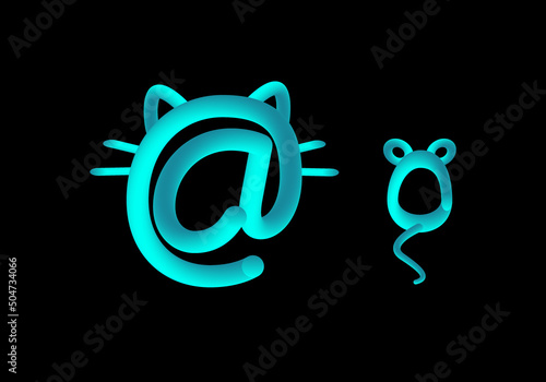 Gato, arroba y ratón en 3d en azul neón brillante sobre fondo negro. Tecnología y animales