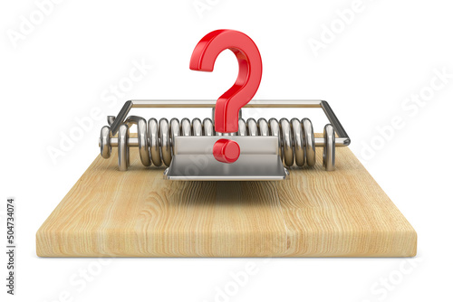 mousetrap and question on white background. Isolated 3D illustration