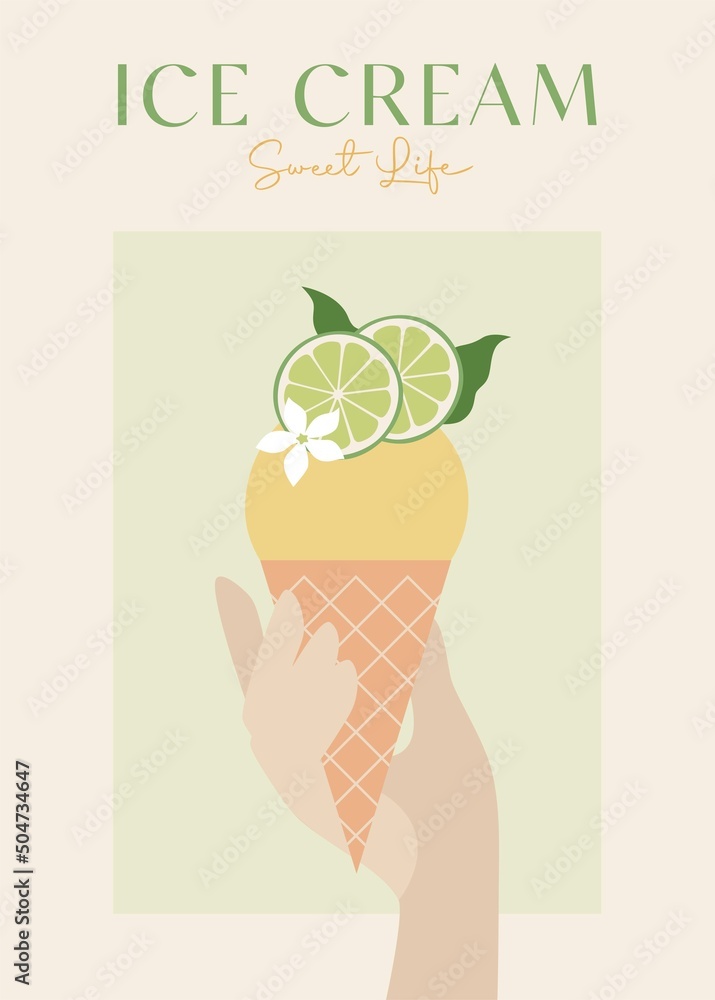 Ice cream. Hand holding ice cream. Colorfull art. Retro posters with