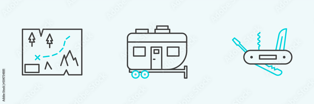 Set line Swiss army knife, Folded map with location and Rv Camping trailer icon. Vector Set line Swiss army knife, Folded map with location and Rv Camping trailer icon. Vector