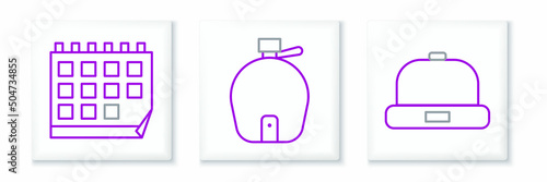 Set line Beanie hat, Calendar and Canteen water bottle icon. Vector