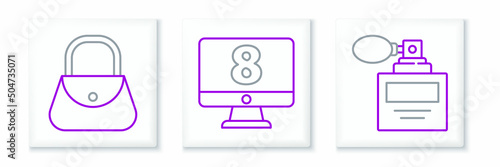 Set line Perfume, Handbag and 8 March on monitore icon. Vector