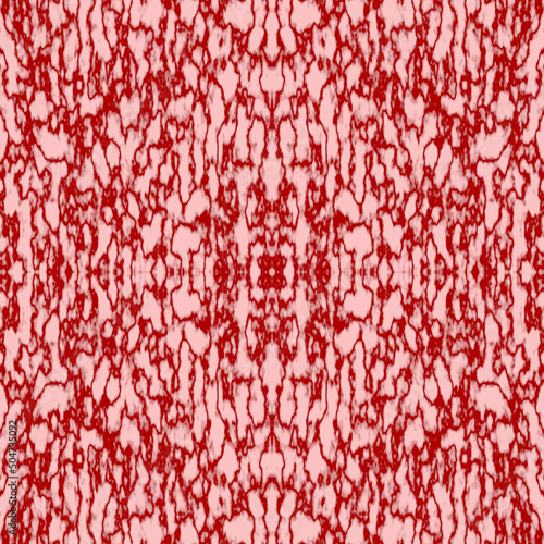 Red seamless texture. Red abstraction with symmetrical, mirror patterns. Bends, vertical cracks. Marble texture on a red background.