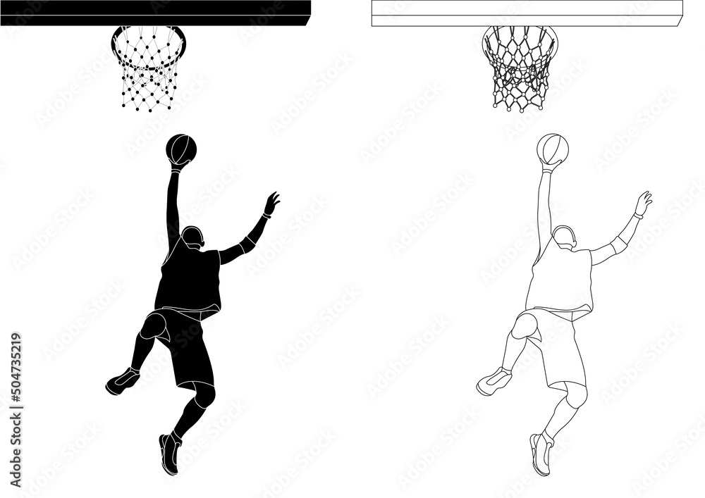 Obraz premium Sketch outline black and white silhouette of an athlete basketball player in a ball game. Basketball. Ring throw.