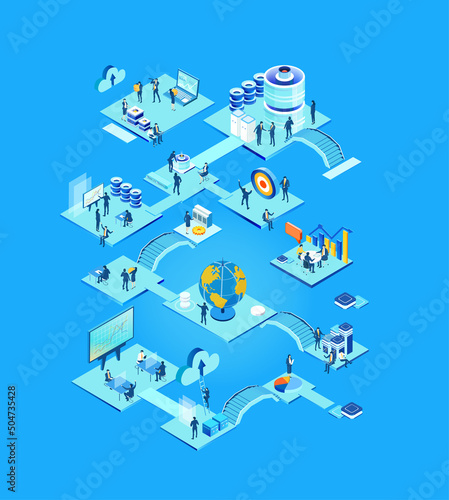  Isometric working environment, infographic illustration. Business people working together. Negotiating  deal, making strategic decisions, data protection, server room, help and support. 