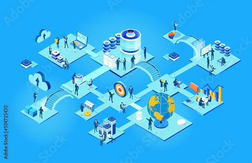 Isometric working environment, infographic illustration. Business people working together. Negotiating  deal, making strategic decisions, data protection, server room, help and support. 