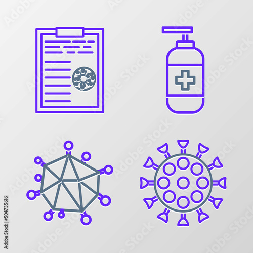 Set line Virus, Bottle of liquid antibacterial soap and Clipboard with blood test results icon. Vector