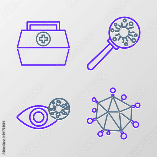 Set line Virus, Reddish eye due to virus, under magnifying glass and First aid kit icon. Vector