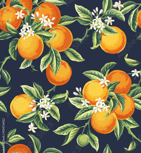 Vintage seamless pattern with orange fruits, flowers and leaves on a dark blue background. Vector illustration.
