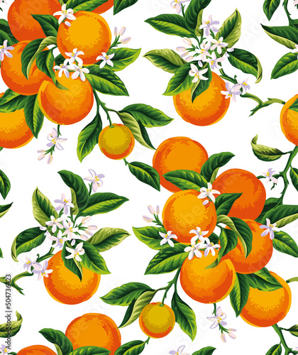Seamless pattern with orange fruits, flowers and leaves on a white background. Vector illustration.