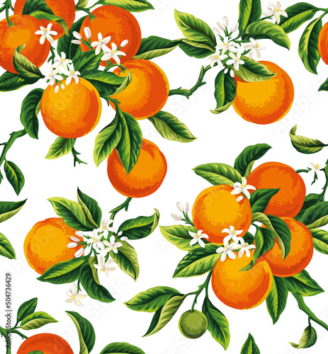 Seamless pattern with orange fruits, flowers and leaves on a white background. Vector illustration.