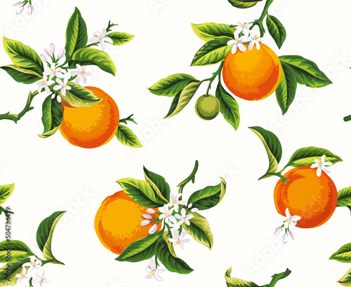 Seamless pattern with orange fruits, flowers and leaves on a white background. Vector illustration.