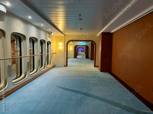 deserted corridor on the deck of a cruise ship