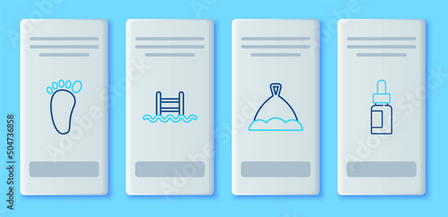 Set line Swimming pool with ladder, Sauna hat, Foot massage and Essential oil bottle icon. Vector