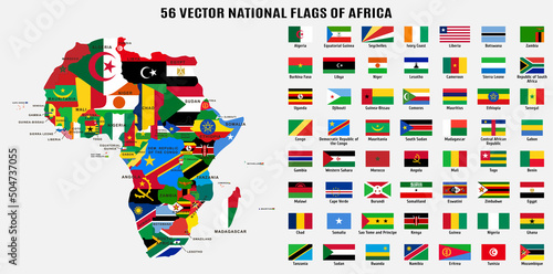 56 Vector national flags and map of Africa